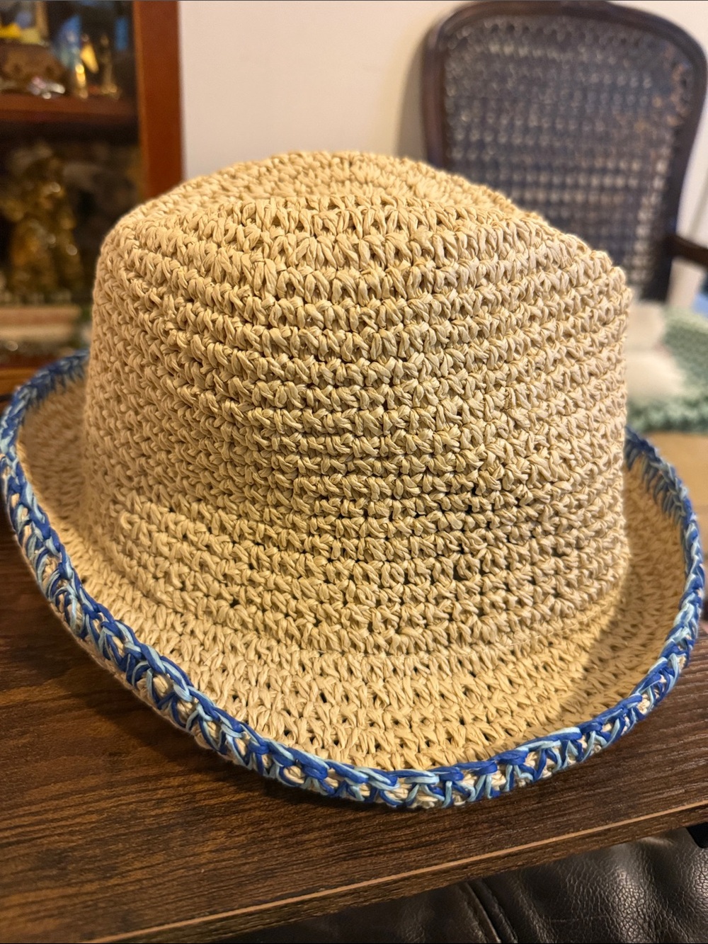 No Boundaries Tan Straw Fedora with Blue Trim